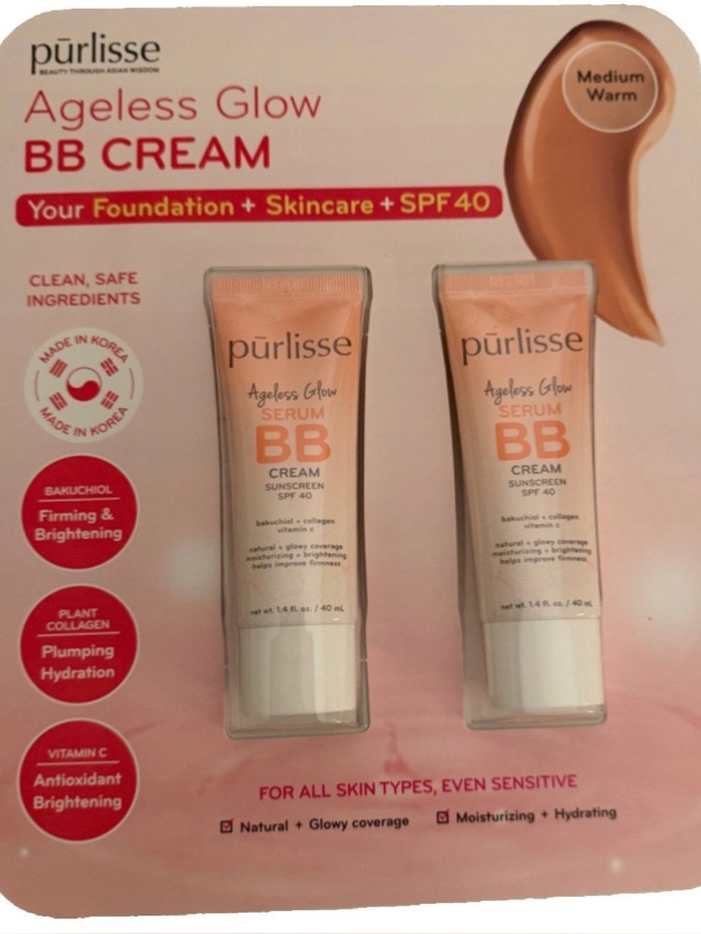 Purlisse Ageless Glow Serum BB Cream with SPF 40 Medium Warm 1.4 oz x2 Pack NWT